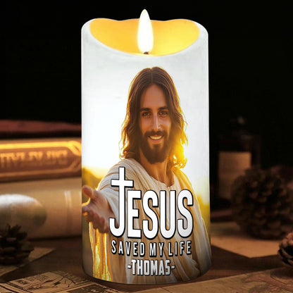 Teesdily | Customized Jesus Saved My Life LED Candle, Faith Cross Religious LED Candle No Battery, Baptism Gift Christmas Decor