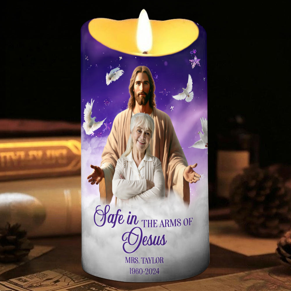 Teesdily | Customized Memorial Jesus Christ Led Candle, Safe In The Arms Of Jesus Flameless Candle Christmas Gift, Keepsake Gift