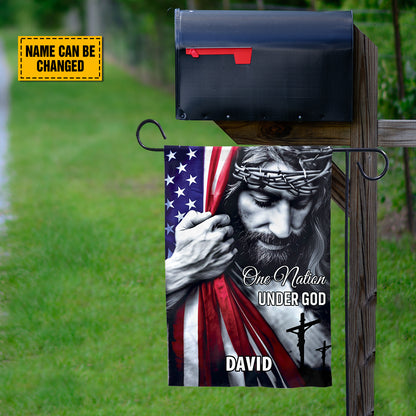 Teesdily | Customized American Flag Jesus Yard Sign, One Nation Under God Christian American Garden Metal Sign, Jesus Lover Gift