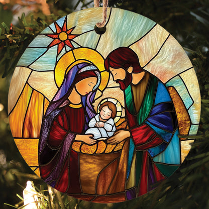 Teesdily | Holy Family Stained Glass Print Christmas Ornament, Jesus Nativity Ornament 2D, Religious Christian Scene Ornament Gift