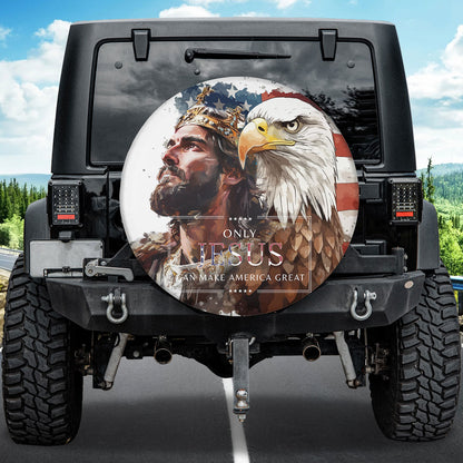 Teesdily | Jesus Eagle Spare Tire Cover, Jesus Christ Usa Flag Wheel Cover, Jesus Make America Great Wheel Cover, God Faith Spare Tire Cover 27"-34"