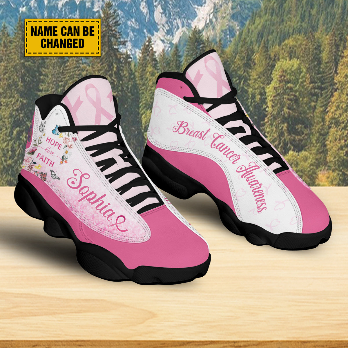 Teesdily | Customized Breast Cancer Warrior Basketball Shoes, Faith Hope Love Butterfly Shoes, Pink Ribbon Shoes For Women, Cancer Support Gifts