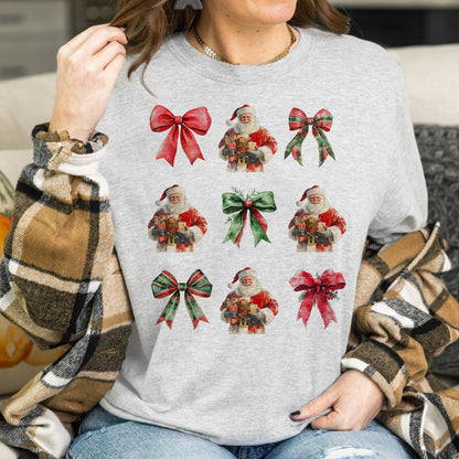 Teesdily | Christmas Coquette Bow Santa Shirt, Santa Coquette Bow Sweatshirt, Vintage Christmas Bow Hoodie, Retro Christmas Family T-shirt, Xmas Gift