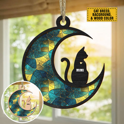 Teesdily | Personalized Cat On Moon Suncatcher Window Hangings, Keep Memories Custom Cat And Name Ornament, Gifts For Cat Lovers