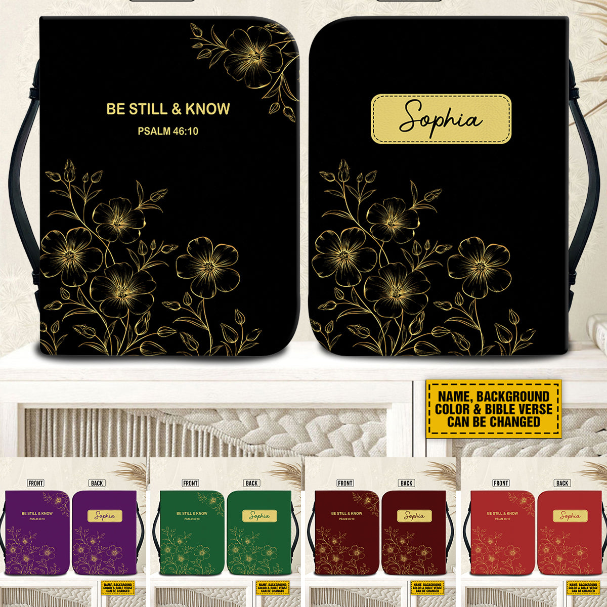 Teesdily | Customized Be Still And Know That I Am God Bible Bag, Floral Drawing Minimalist Bible Case, Religious Gifts Idea Bible Cover With Handle