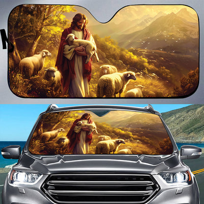Teesdily | Jesus With Lambs Car Sunshade, Lambs Of God Auto Sunshade, Jesus Windshield Sun Shade Protector, Car Accessories, Jesus Believers Gifts