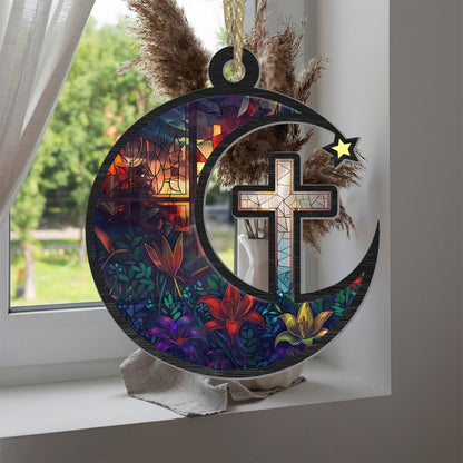 Teesdily | Stained Glass Jesus Cross Suncatcher Ornament, Christian Cross Suncatcher Acrylic Car Hanging Ornament, Christian Christmas Decoration