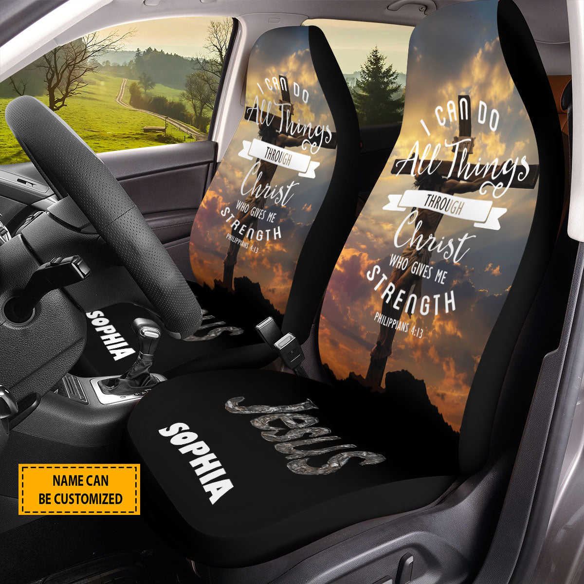 Teesdily | Custom Jesus Cross Car Seat Cover, I Can Do All This Through Him Who Gives Me Strength Front Seat Protector, Jesus Lover Gift, Car Decor