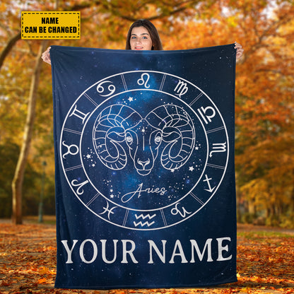 Teesdily | Aries Personalized Fleece Blanket With Name Horoscope Design Sherpa Blanket Zodiac Sign Constellation Astrology Adult Kid Birthday Gifts