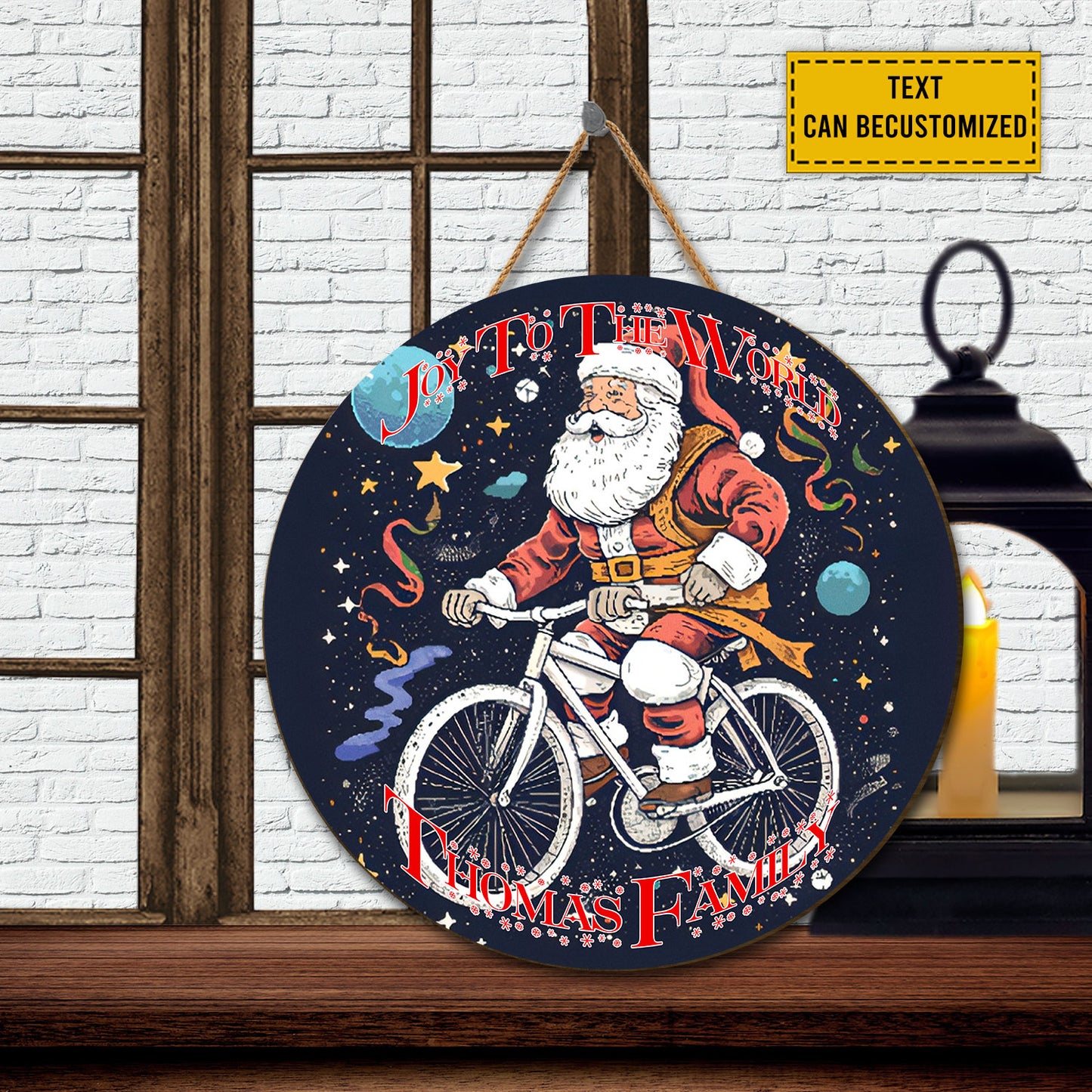 Teesdily | Customized Santa Claus Cycling Wood Sign Joy To The World Christmas Front Door Sign Funny Custom Face Wood Sign Xmas Decor