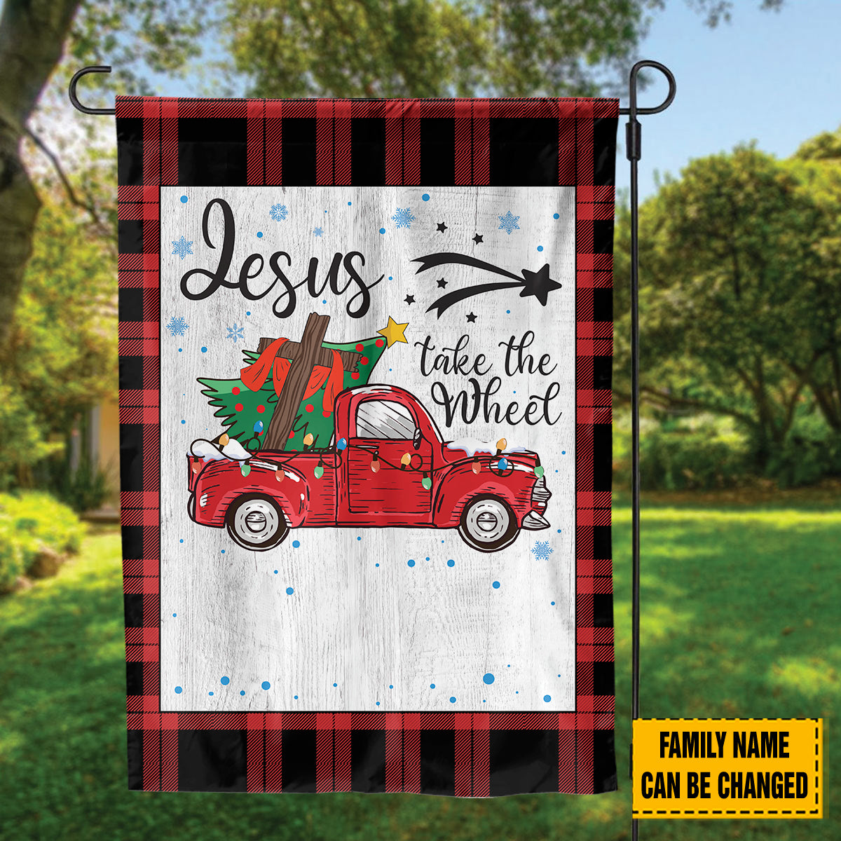 Teesdily | Customized Jesus Take The Wheel Christmas Garden Flag, Red Truck Car Christmas Tree House Flag, Christ Cross Home Flag