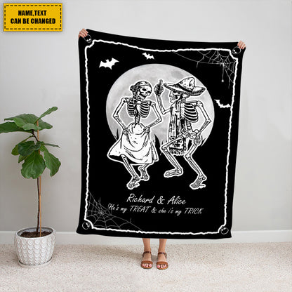 Teesdily | Gothic Skeleton Blanket Personalized Halloween Couple Dancing Sofa Blanket He's My Treat And She Is My Trick Funny Halloween Gifts For Lover