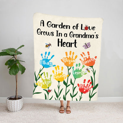 Teesdily | Customized Grandmother's Garden Throw Blanket A Garden Of Love Grows In A Grandma's Heart Fleece Blanket Kid Drawing Style Grandmom Gifts