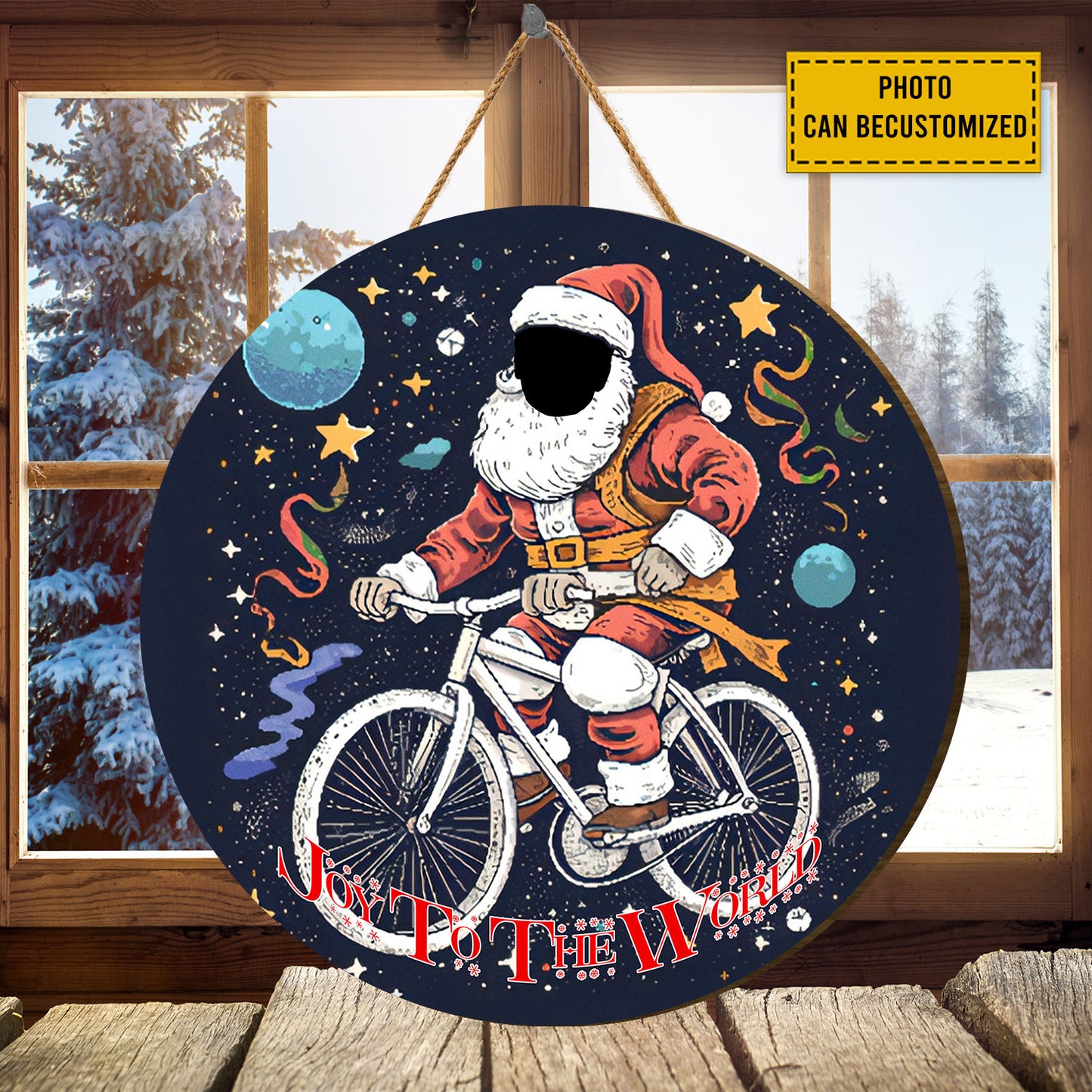 Teesdily | Customized Photo Santa Claus Cycling Wood Sign Joy To The World Christmas Front Door Sign Funny Custom Face Wood Sign Xmas Decor