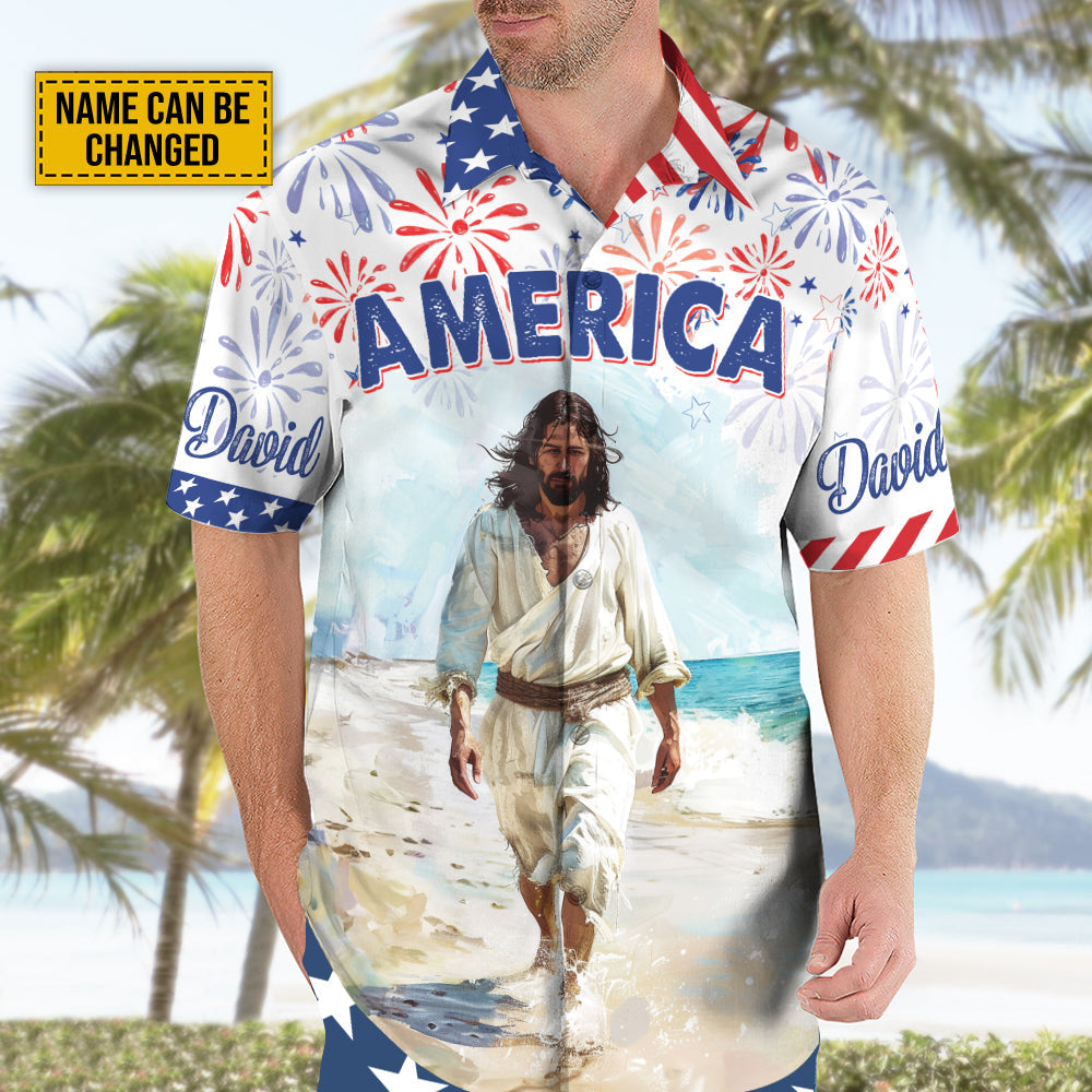 Teesdily | Customized Jesus America Beach Hawaiian Shirt, Happy 4th Of July Hawaii Set, Independence Day Gift, US Flag Pride Aloha Set Summer For Men