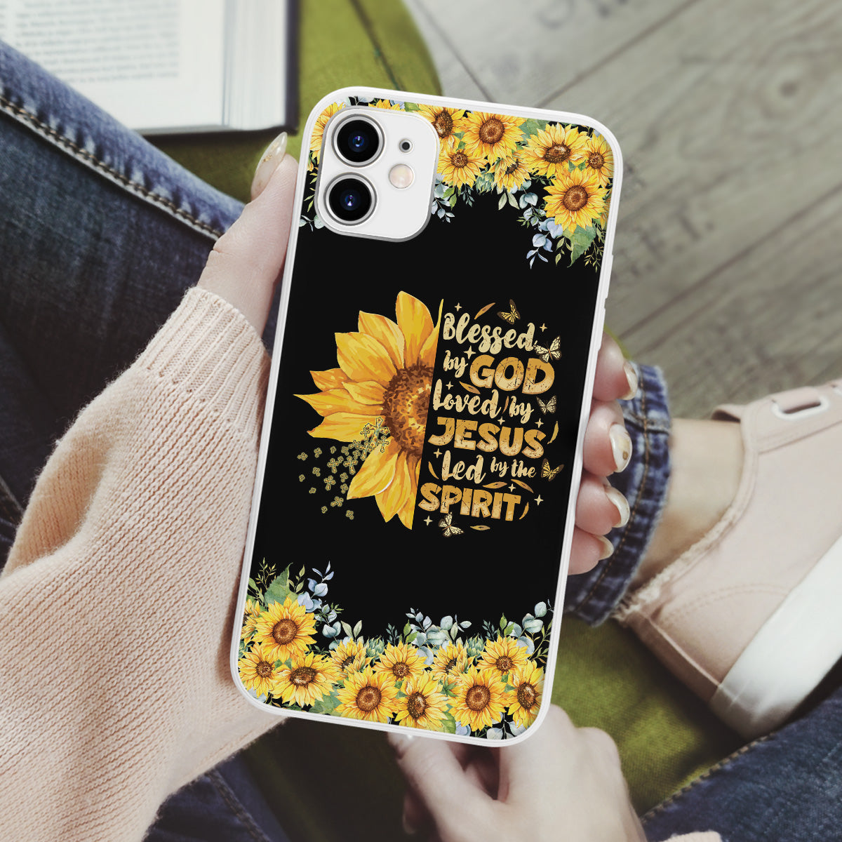 Teesdily | Jesus Christ Sunflower Phone Case, Blessed By God Loved By Jesus Phone Case, Jesus Cross Butterfly Phone Cover, Christian Girl Gifts