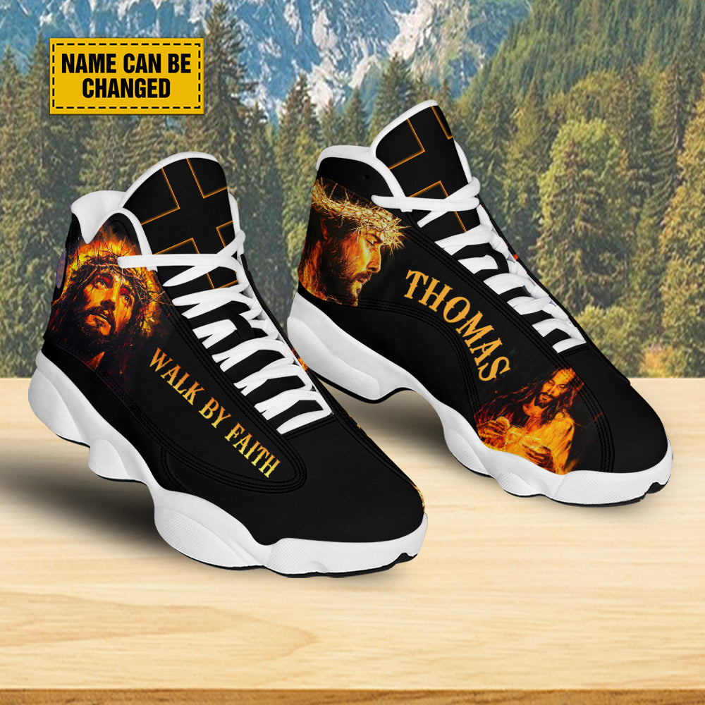 Teesdily | Customized Jesus Portrait Art Basketball Shoes, Walk By Faith Running Shoes Christian Unisex Shoes With Thick Sole