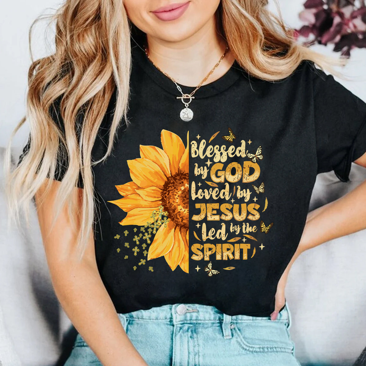 Teesdily | Jesus Christ Sunflower Tshirt, Blessed By God Loved By Jesus Sweatshirt Hoodie Mug, Jesus Cross Butterfly Shirt, Christian Girl Gifts