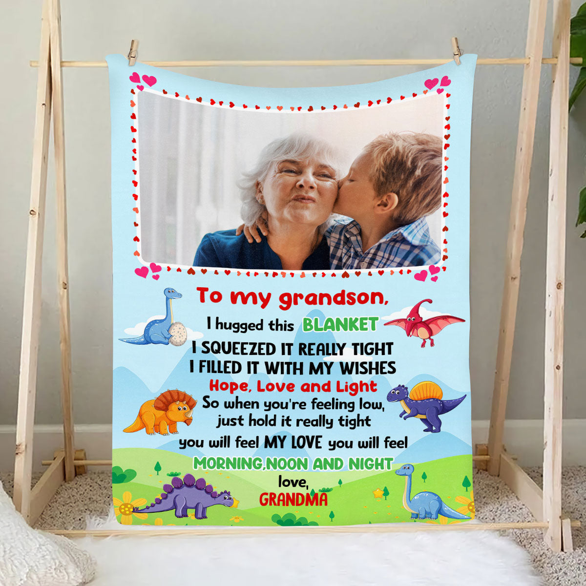 Teesdily | Dinosaur Blanket, Custom Photo Grandma Throw Blanket, Grandson Just Hold It Tight Soft Blanket, Gift For Grandson Kids, Custom Unique Gifts