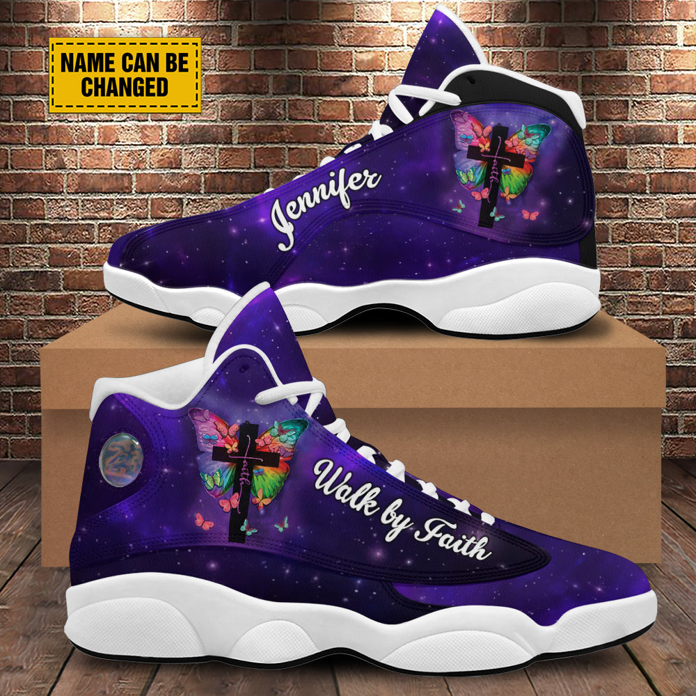 Teesdily | Customized Butterfly Jesus Cross Basketball Shoes, Walk By Faith Running Shoes, Christian Unisex Shoes With Thick Sole