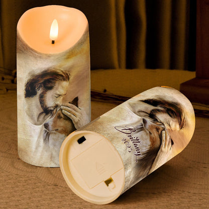 Teesdily | Customized Jesus With Dogs Memorial Led Candle, Pet Sympathy Gift, Dog Mom Gift, Memorial Dog Led Candle