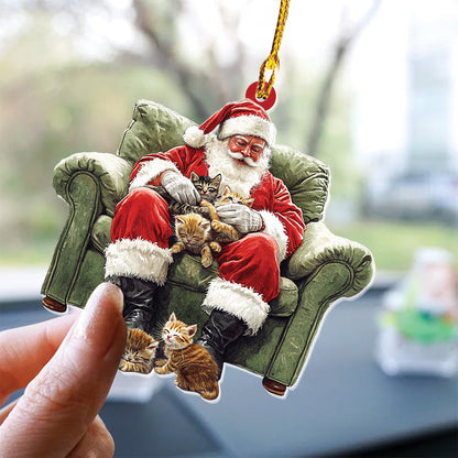 Teesdily | Santa Kittens On Sofa Ornament Christmas, Santa Claus With Cats Ornament, Cat Mom Cat Christmas Ornament, Xmas Gift