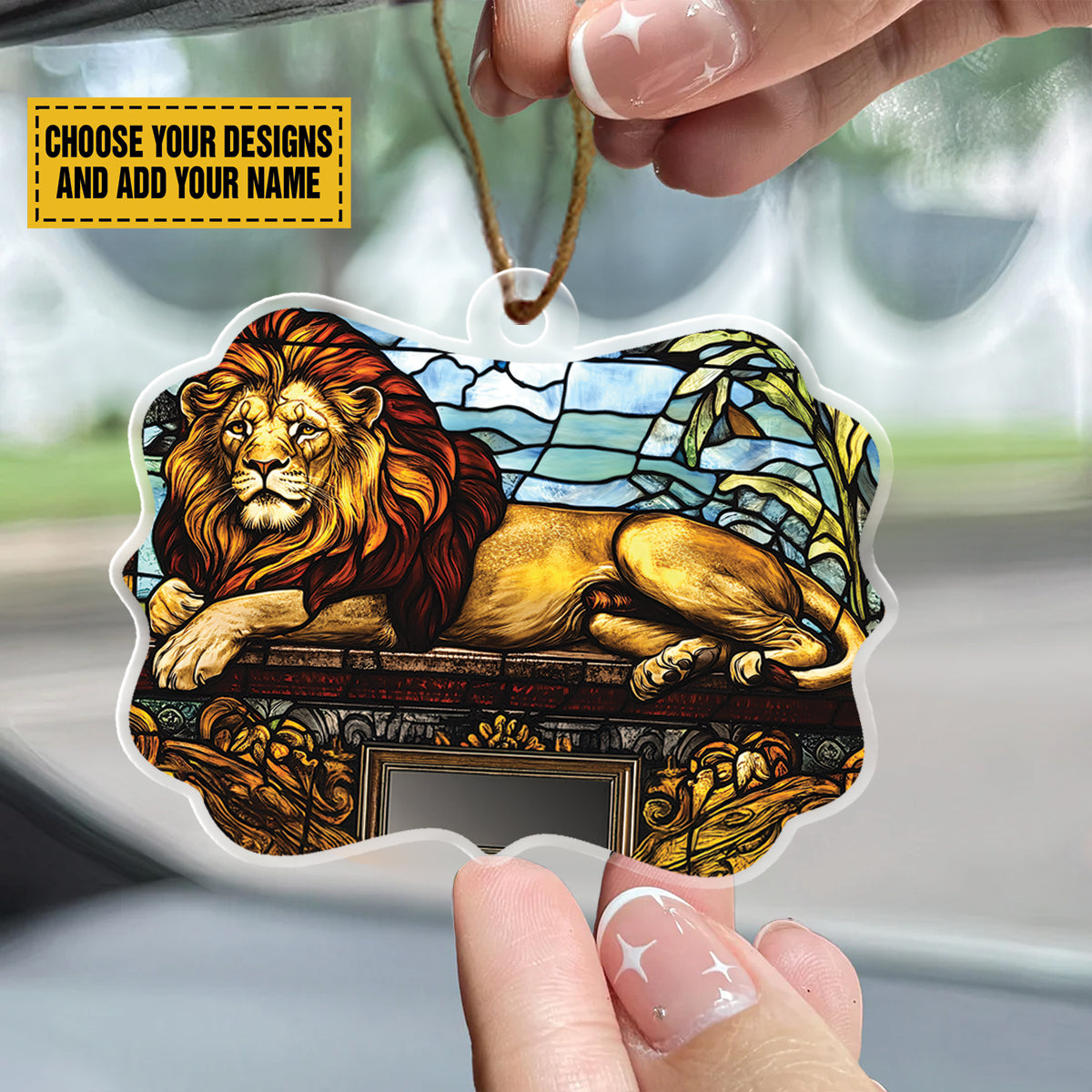 Teesdily | Personalized  Jesus Lion Of Judah Stained Glass Art Acrylic Ornament, Jesus Lion Car Hanging Ornament, Jesus Lovers Gift, Christmas Jesus Ornament