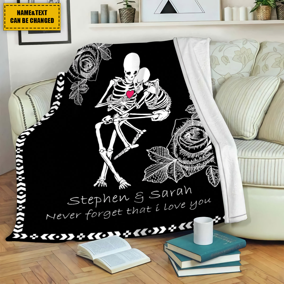 Teesdily | Skeleton Couple Rose Fleece Blanket Day Of The Dead Sherpa Blanket Never Forget That I Love You Throw Blanket Halloween Gifts Goth Style