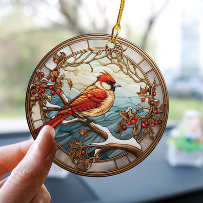 Teesdily | Cardinal Stained Glass Print Ceramic Ornament, Cardinal Bird Art Acrylic Ornament, Jesus Christ Theme Car Ornaments, Christmas Gifts