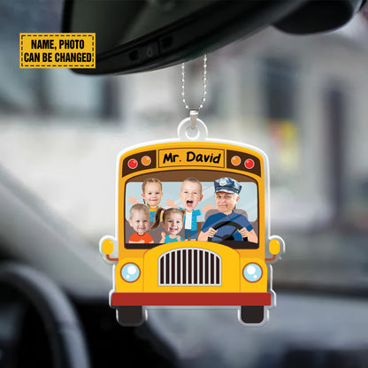 Teesdily | Customized School Bus Ornament With Face Photo, Bus Driver Ornament Plastic, School Bus Driver Car Hanger Acrylic Ornament, Gift For Kids