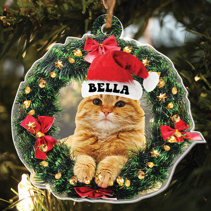 Teesdily | Customized Cat Christmas Ornament, Cute Cat Wreath Christmas 2D Flag Ornament, Cat Mom Cat Dad Ornament, Christmas Gift