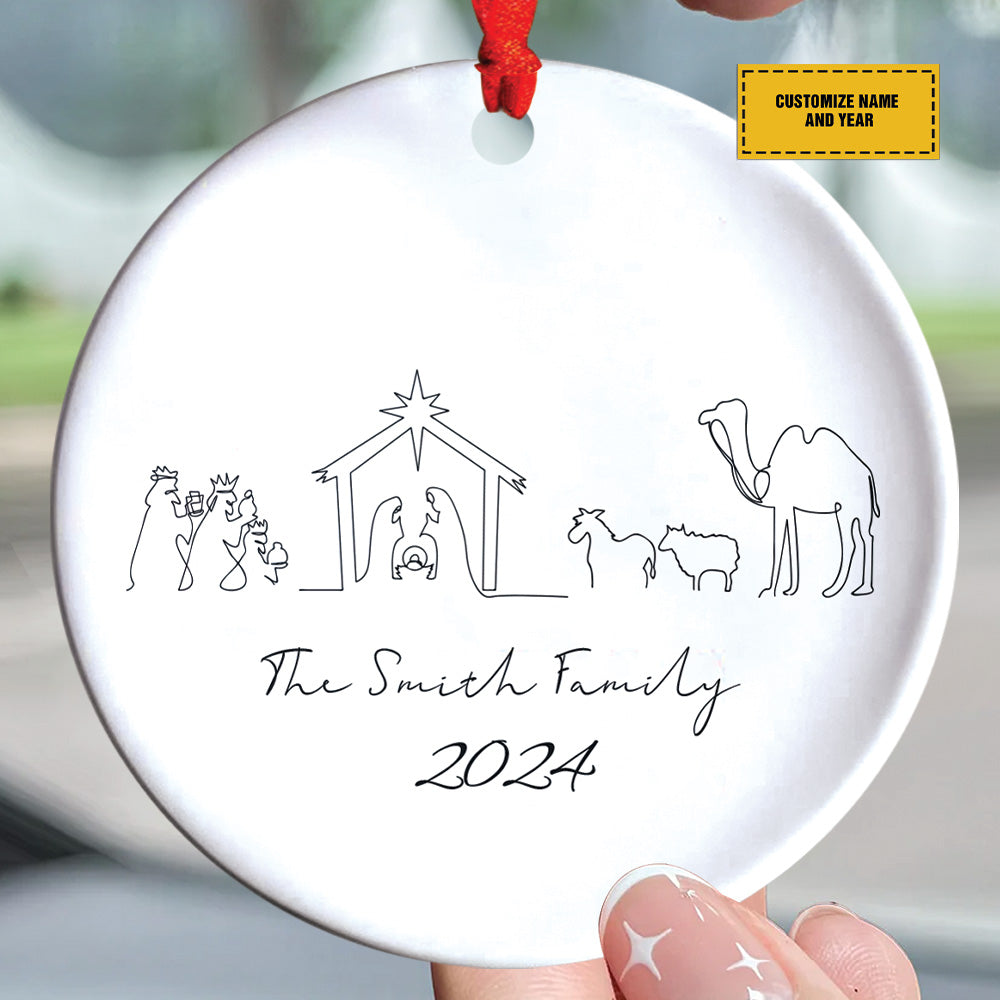 Teesdily | Customized Jesus Nativity Drawing Ceramic Ornament, Continous Line Drawing Jesus Holy Night Christmas Ornament Gift