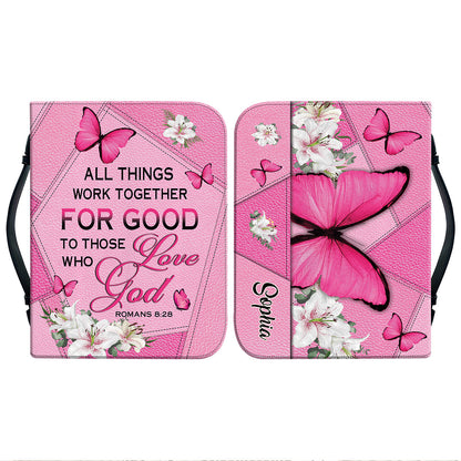 Teesdily | Personalized Butterfly Lilies Bible Case Pink, All Things Work Together For Good Bible Cover, Bible Covers For Girls, Bible Accessories