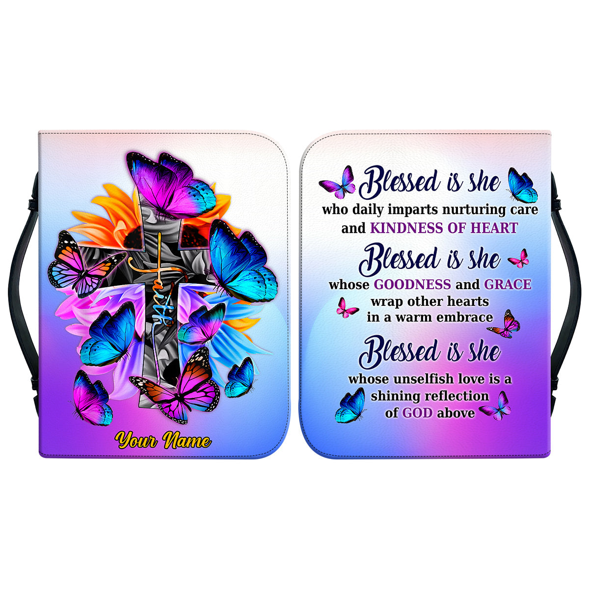 Teesdily | Customized Jesus Blessed Is She Bible Case, God Faith Bible Study, Butterfly Bible Carrier, Christian Jesus Lover Bible Cover With Handle