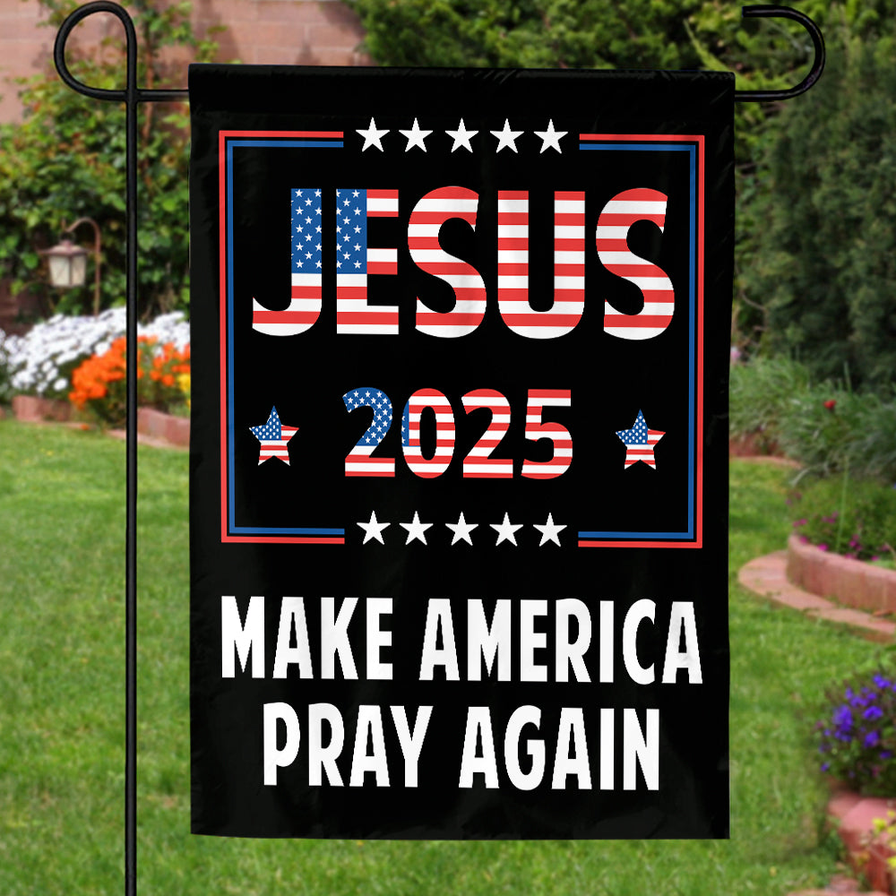 Teesdily | American Flag House Flag, Jesus 2024 Make America Pray Again Garden Flag With Stand, Jesus Home Decoration, Christian Patriotic Flag Gifts