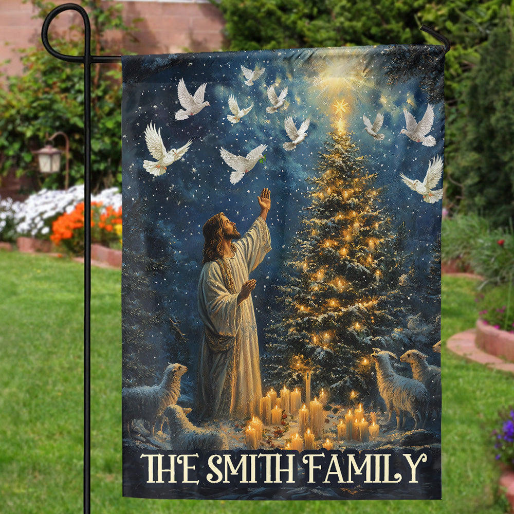 Teesdily | Custom Jesus Lamb Christmas Tree Garden Flag, Jesus Christ Candle Light Bird House Flag, Christmas Gift Religious