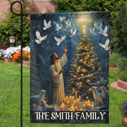 Teesdily | Custom Jesus Lamb Christmas Tree Garden Flag, Jesus Christ Candle Light Bird House Flag, Christmas Gift Religious