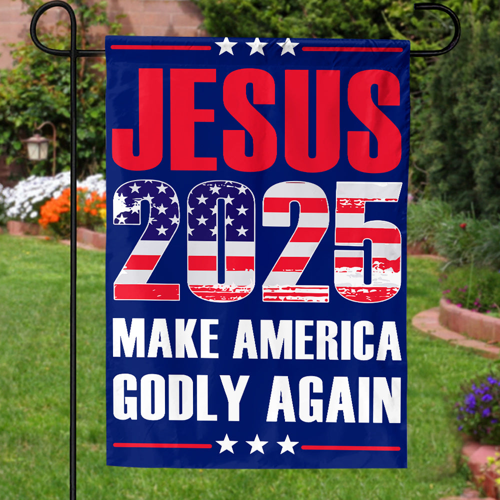 Teesdily | Jesus American Flag, Jesus 2024 Make America Godly Again House Garden Flag, Patriotic Flags, Independence Day Outdoor Decor Gifts