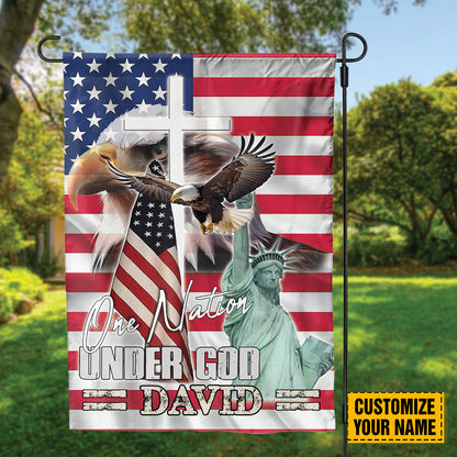 Teesdily | Customized American Eagle Garden Flag, Statue Of Liberty Jesus Cross House Flag, One Nation Under God Outdoor Flag, Independence Day Gifts