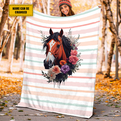 Teesdily | Customized Horse Flower Striped Pattern Fleece Blanket Throw Love Riding Horse Warm Throw Blanket Christmas Gift For Horse Lovers