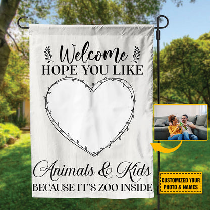 Teesdily | Couple Custom Photo Garden Flag Welcome Hope You Like Animals And Kids House Flag Couple Family Home Garden Flag Outdoor Decoration