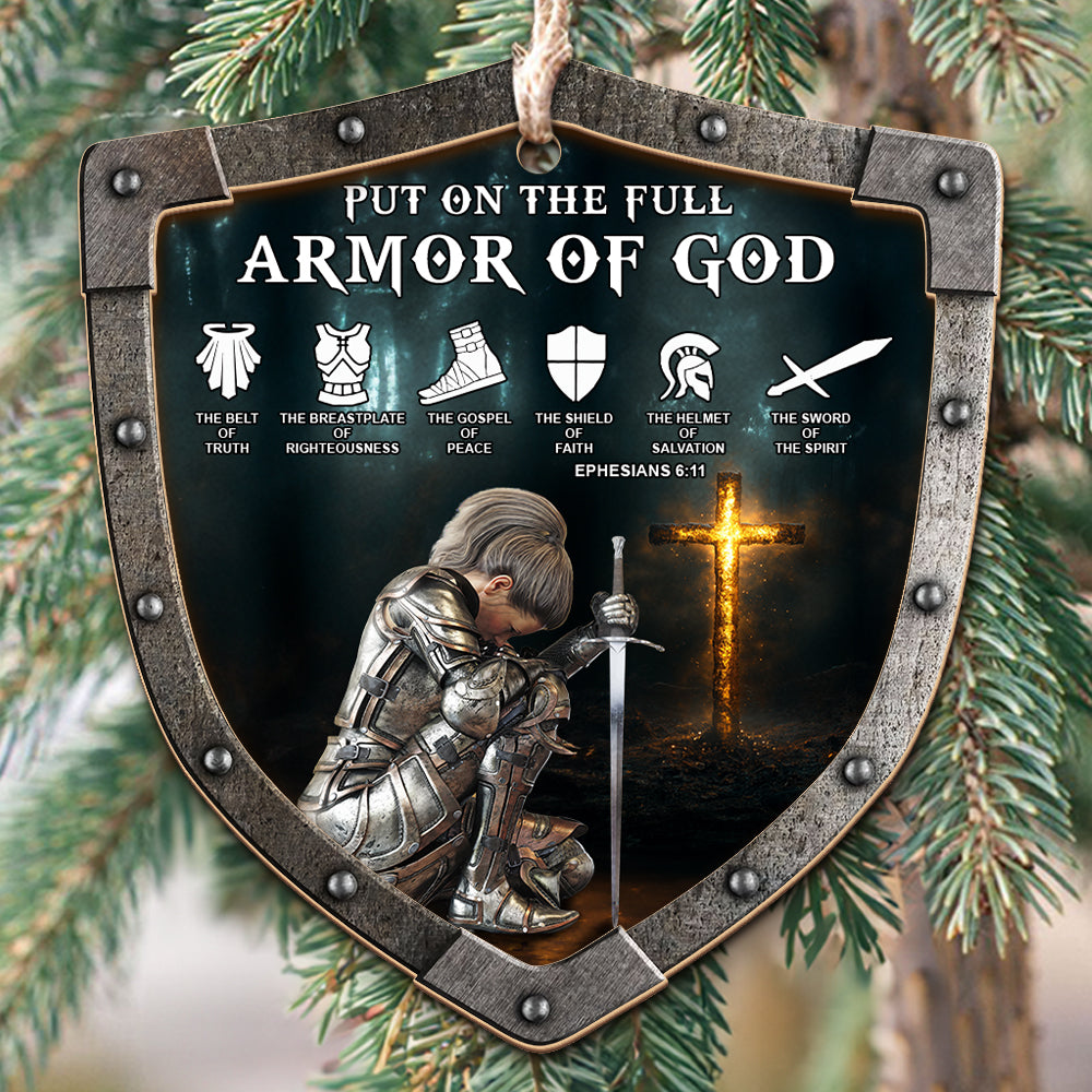 Teesdily | Personalized Warrior Of Jesus Wooden Ornament Christmas, Put On The Full Armor Of God Ornament 2024, Family Keepsake Decor Xmas Tree Gift