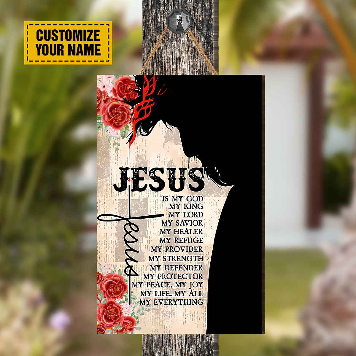 Teesdily | Jesus Portrait Customized Wood Sign Jesus Is My King Retro House Door Sign Religious Custom Gifts Christian Home Decor