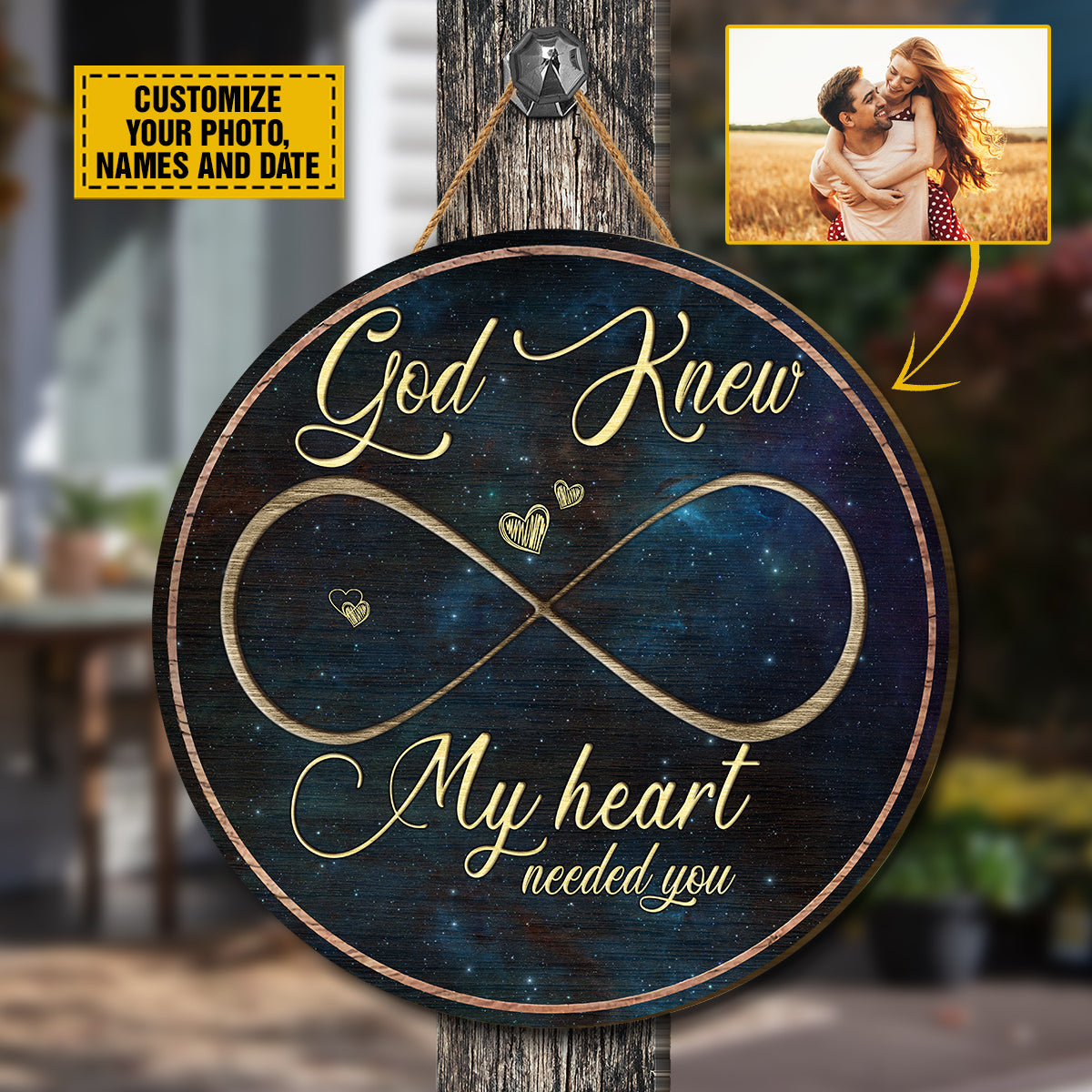 Teesdily | Couple Custom Photo Wood Sign God Know My Heart Needed You Wood Sign Galaxy Print Newly Couple Home Door Decoration Custom Gifts