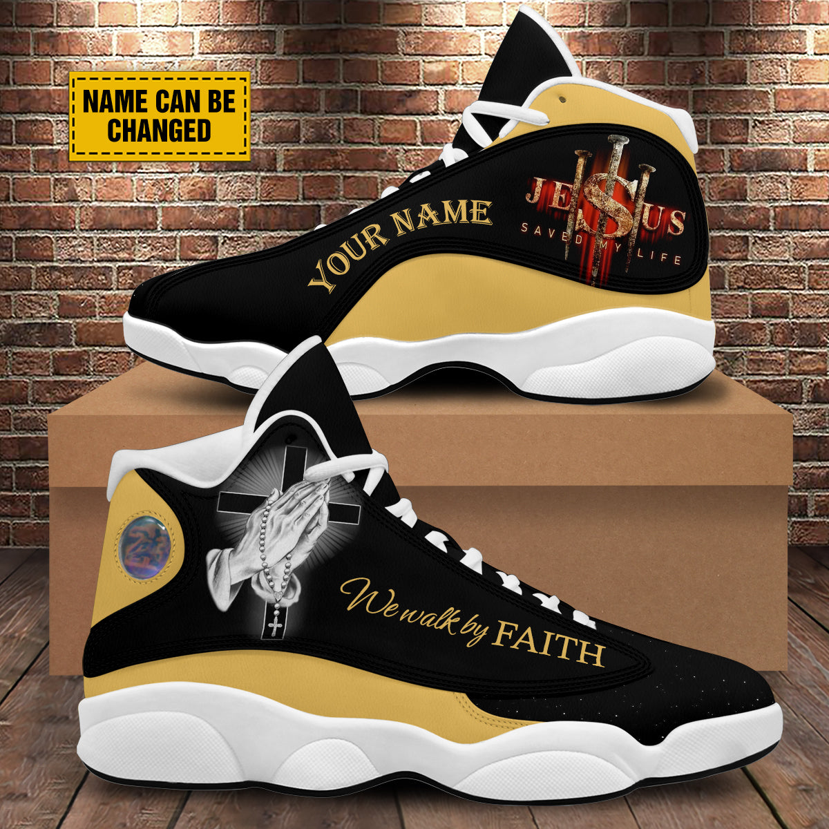 Teesdily | Personalized We Walk By Faith Basketball Shoes, Hands Praying God Shoes, Christian Footwear Unisex Basketball Shoes