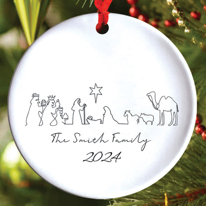 Teesdily | Customized Jesus Nativity Drawing Ceramic Ornament, Continous Line Drawing Jesus Holy Night Christmas Ornament Gift