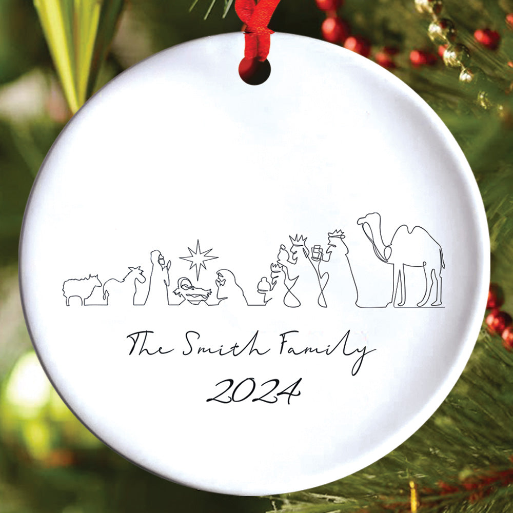 Teesdily | Customized Jesus Nativity Drawing Ceramic Ornament, Continous Line Drawing Jesus Holy Night Christmas Ornament Gift