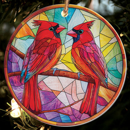 Teesdily | Couple Cardinal Ornament Christmas, Cardinal Stained Glass Acrylic 2D Ornament Christmas, Holiday Noel Ornament Gift