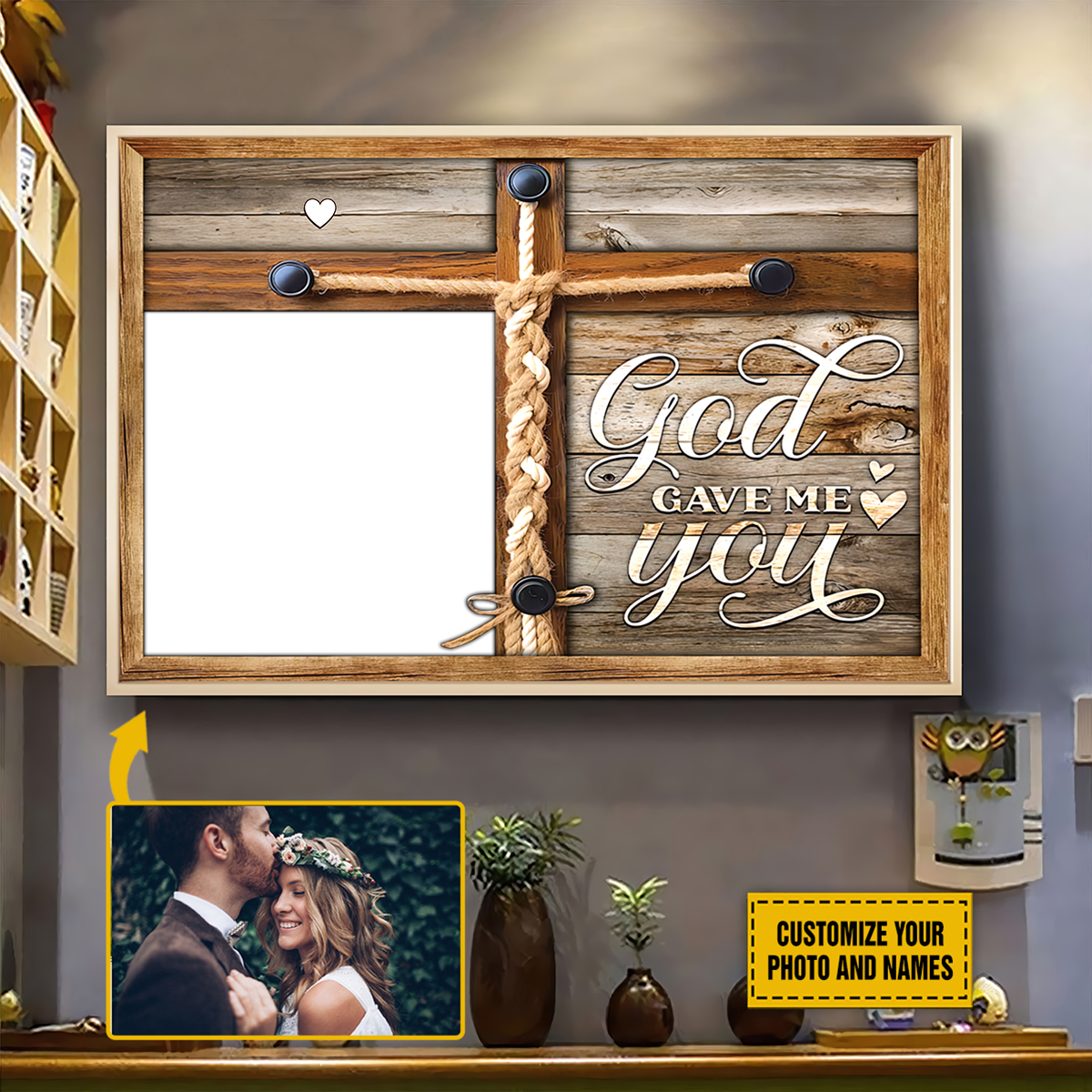 Teesdily | Christian Couple Personalized Photo Poster Canvas God Gave Me You Wall Art Canvas Wood Print Valentine Wedding Anniversary Romantic Gifts