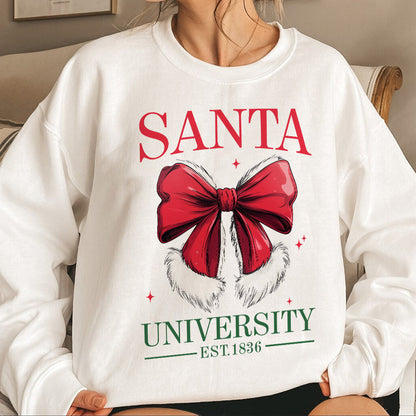 Teesdily | Retro Santa Bow University Est 1836 Shirt, Coquette Bow Christmas Sweatshirt, Social Club Santa Tee